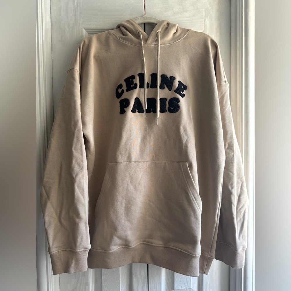 Celine Beige Hoodie with Black 'CELINE PARIS' Logo